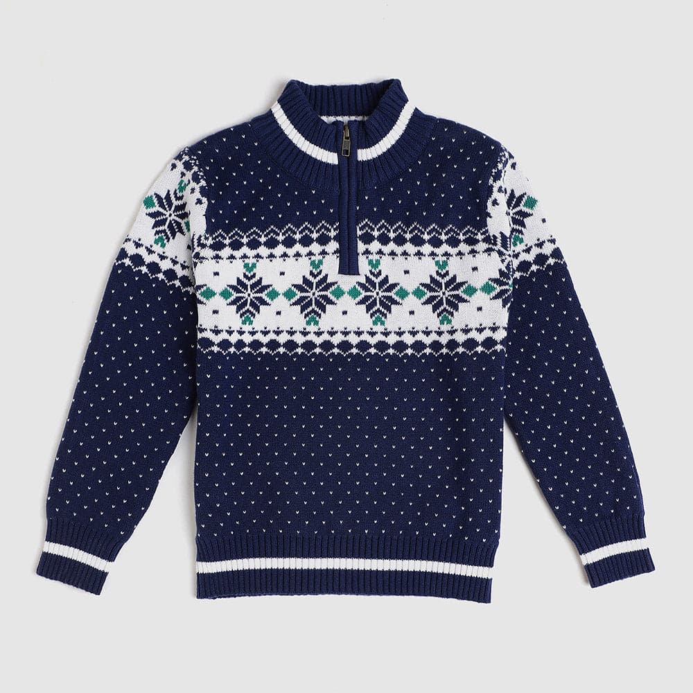 Boys' blue Alpine sweater front view with snowflake pattern, perfect for toddlers and kids this holiday season