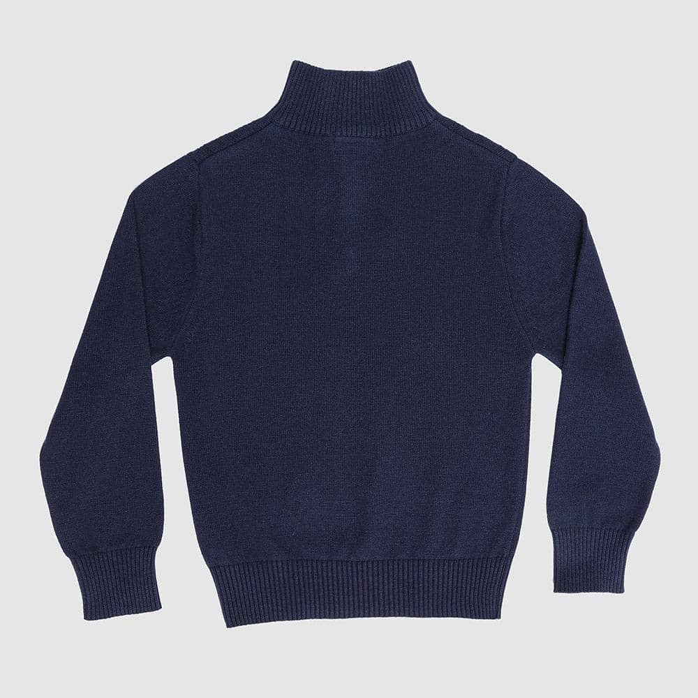 Boys' and toddler cotton quarter-zip sweater in blue back view, Aspen style, perfect for layering in cooler weather.