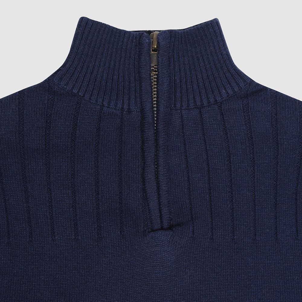 Boys' and toddler cotton quarter-zip sweater in blue close up view, Aspen style, perfect for layering in cooler weather.