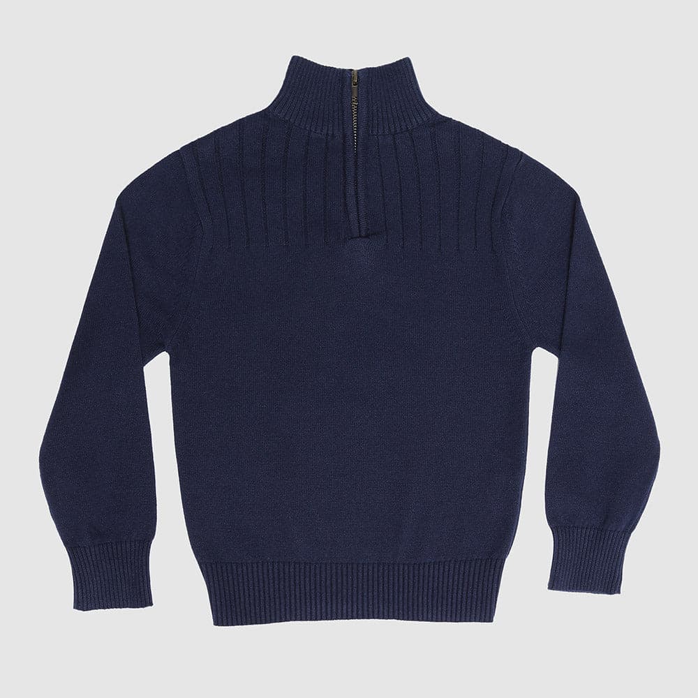 Boys' and toddler cotton quarter-zip sweater in blue front view, Aspen style, perfect for layering in cooler weather.