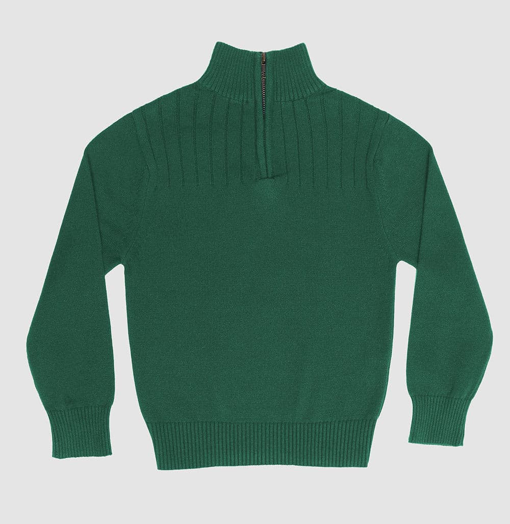 Boys' and toddler cotton quarter-zip sweater in green front view, Aspen style, perfect for layering in cooler weather.