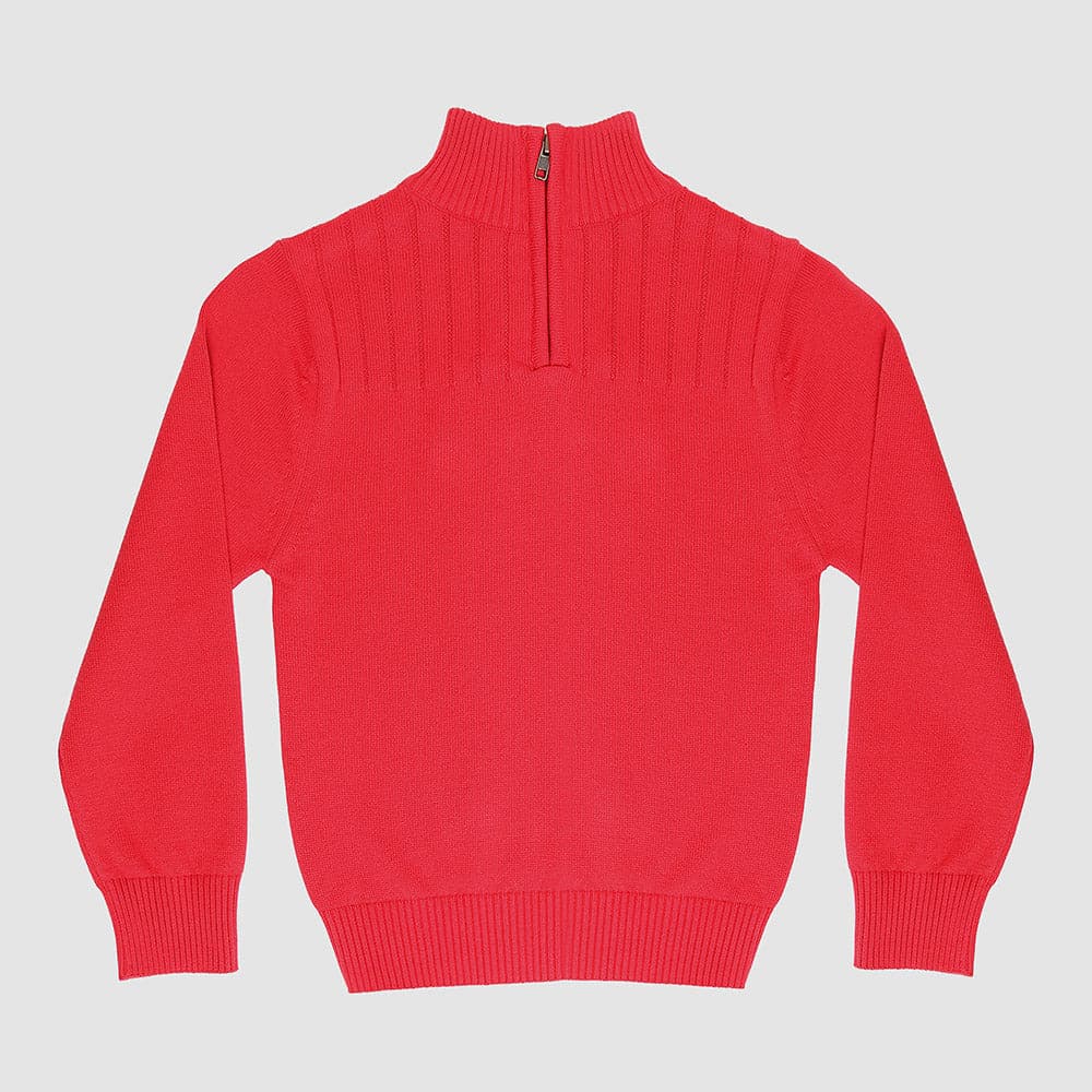 Boys' and toddler cotton quarter-zip sweater in red front view, Aspen style, perfect for layering in cooler weather.