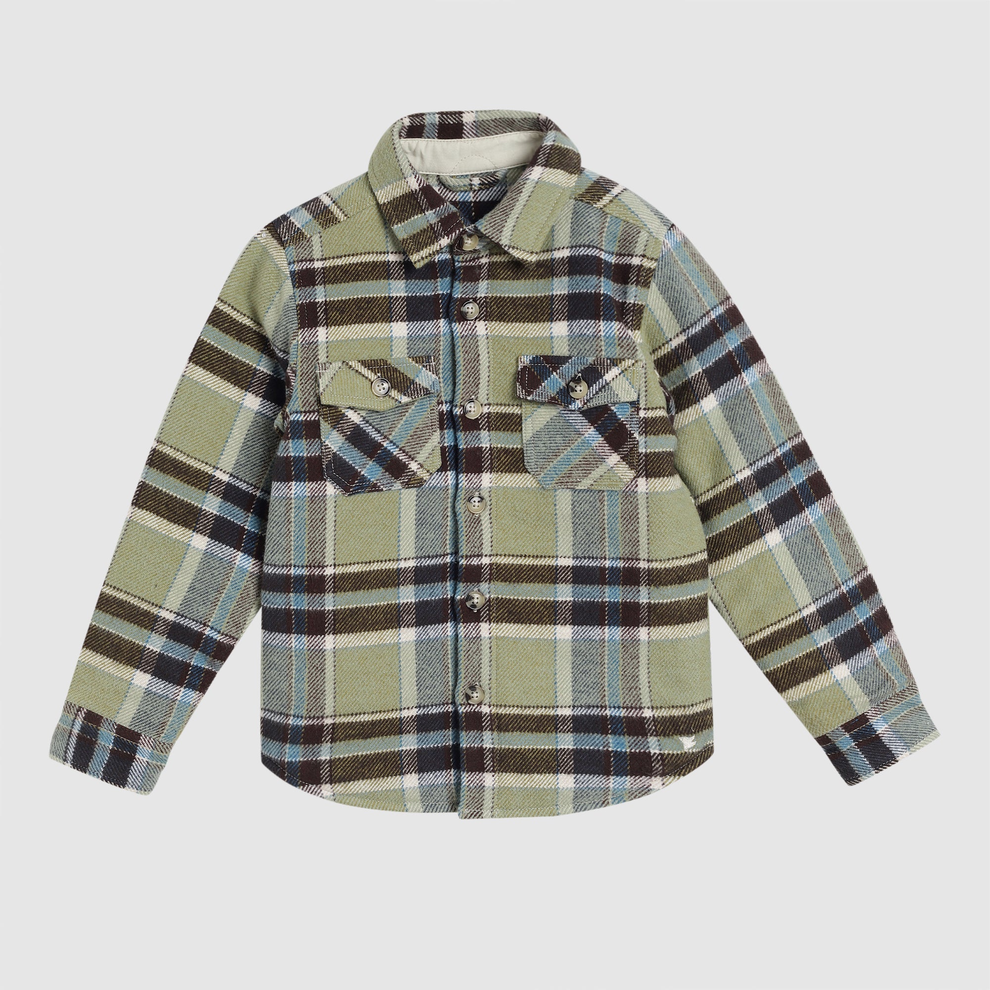 Madison Quilted Shacket boys lightweight flannel jacket in green plaid