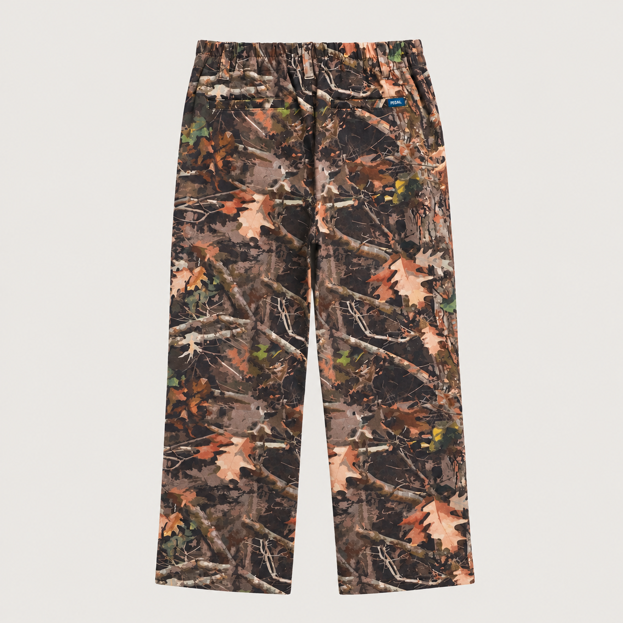Back view of boys’ Camo-Flex camouflage pants with an elastic waistband and back pockets