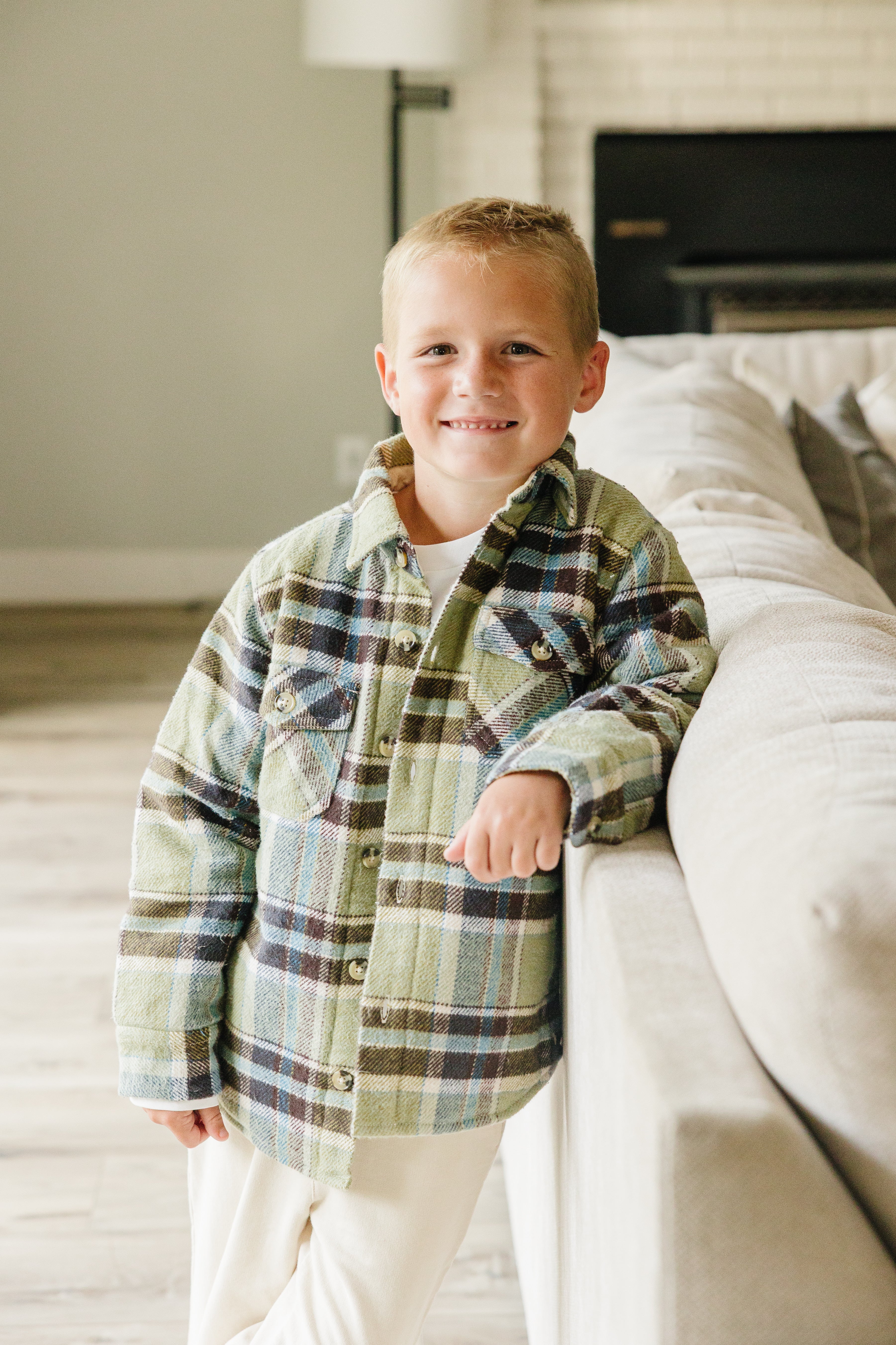 Boy wearing Madison Quilted Shacket flannel jacket