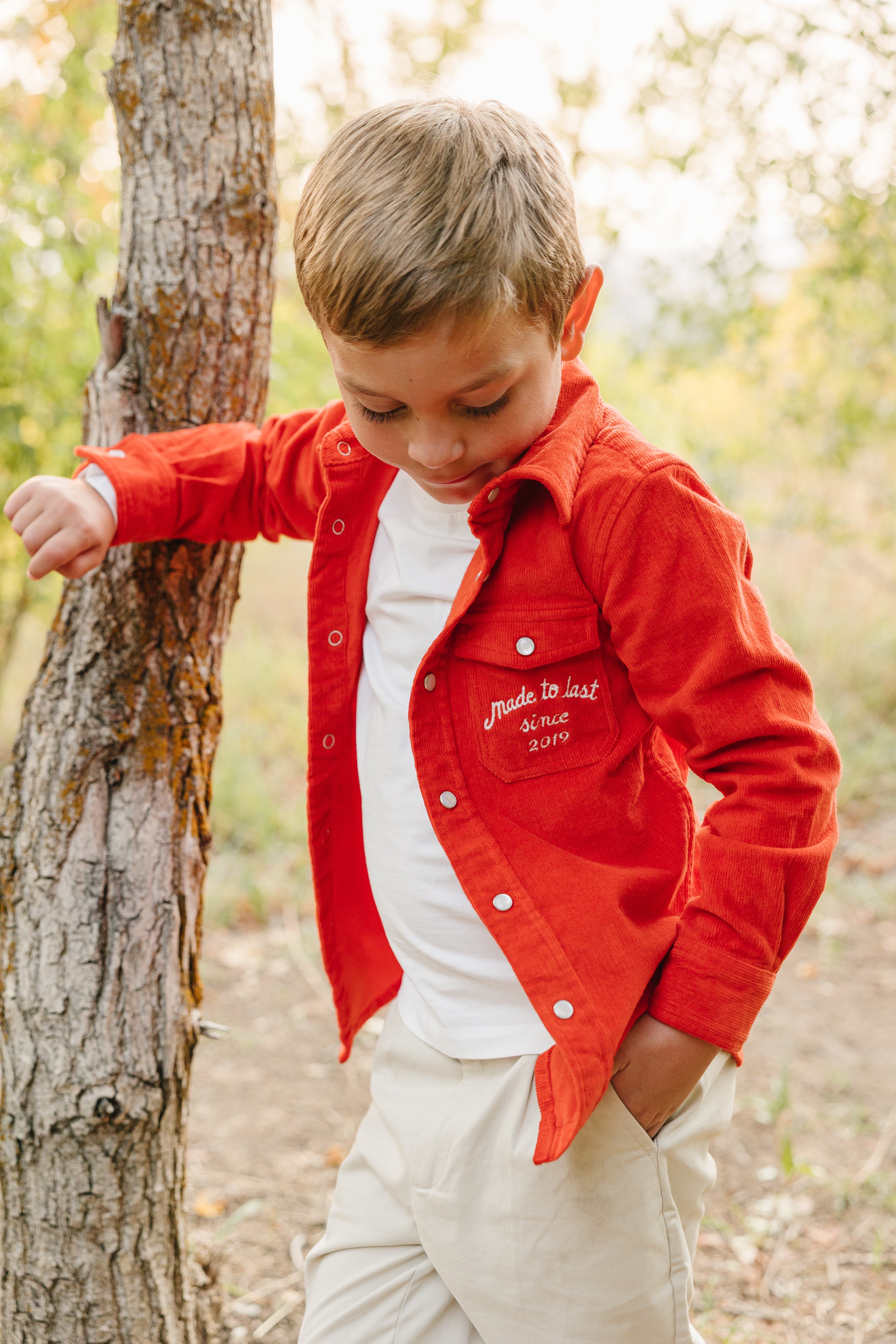 Boy wearing Hickory Button Up corduroy shirt
