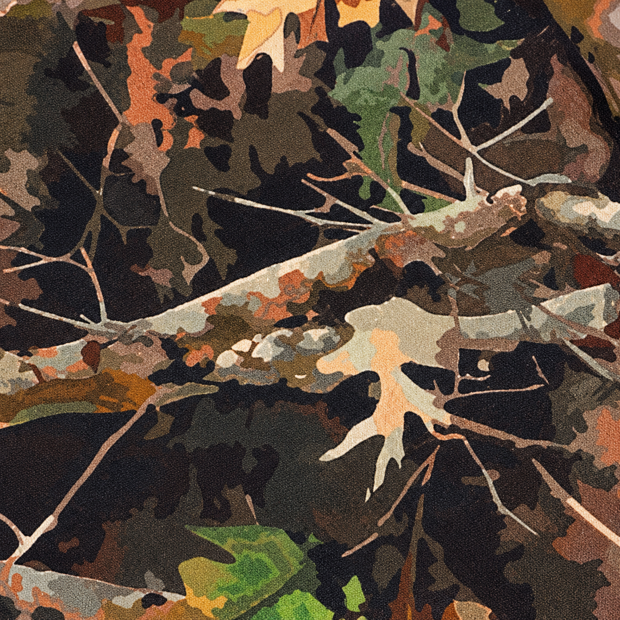 Close-up of the woodland camouflage print on the soft French Terry fabric of the Camo-Flex pants