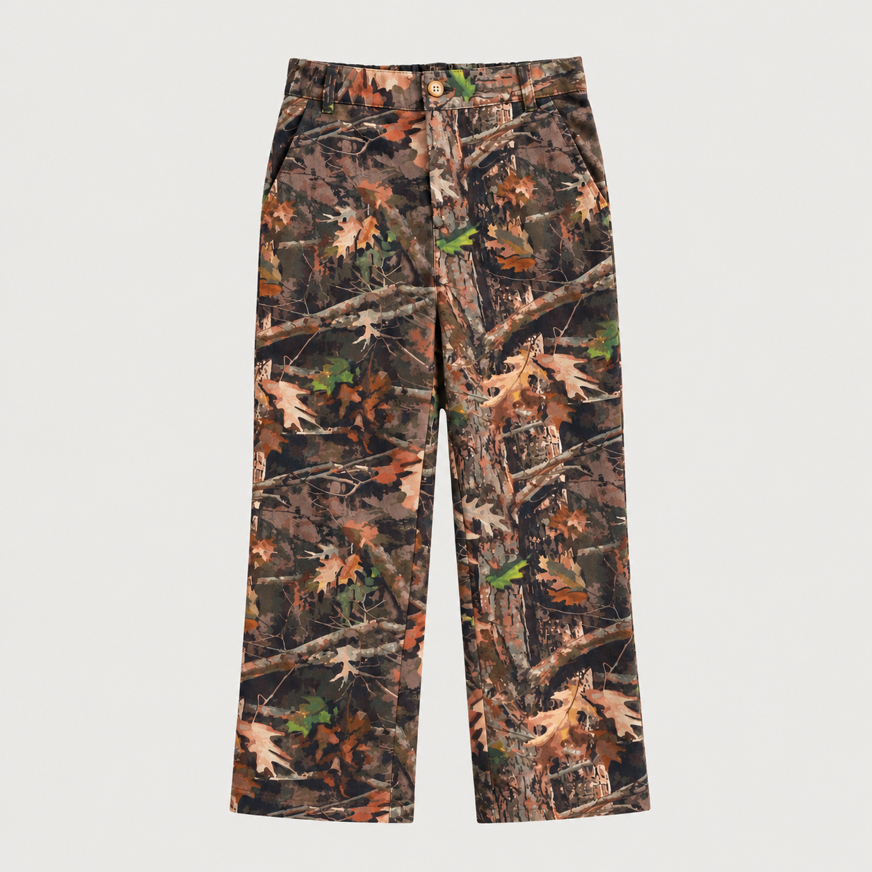 Boys’ Camo-Flex camouflage pants with a classic fit, button closure, and woodland print