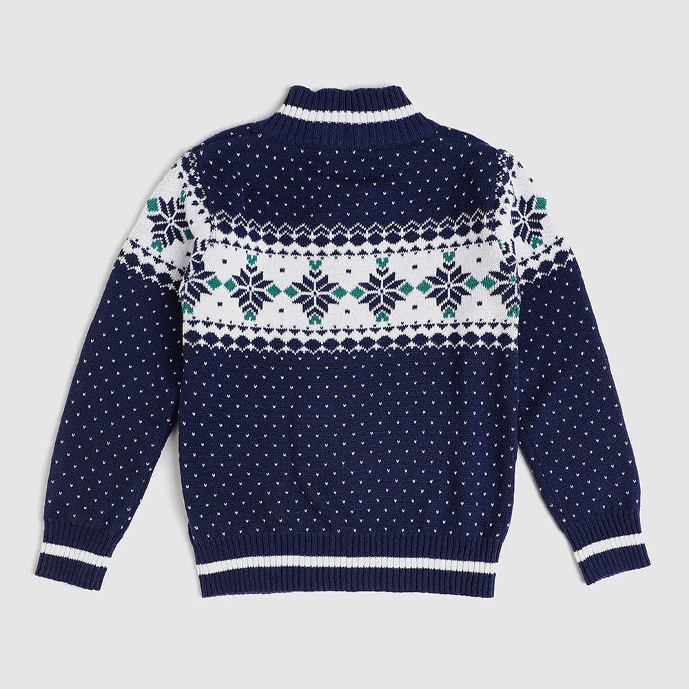 Boys' blue Alpine sweater back view with snowflake pattern, perfect for toddlers and kids this holiday season.