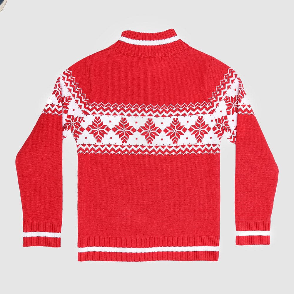 Boys' red Alpine sweater back view with snowflake pattern, perfect for toddlers and kids this holiday season