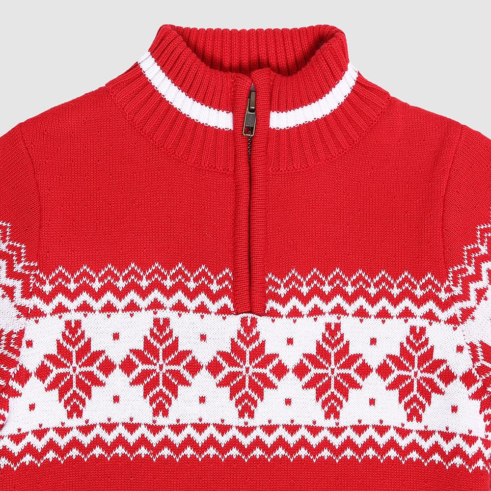 Boys' red Alpine sweater close up view with snowflake pattern, perfect for toddlers and kids this holiday season