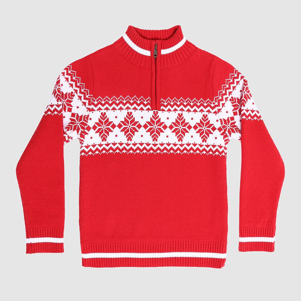 Boys' red Alpine sweater front view with snowflake pattern, perfect for toddlers and kids this holiday season